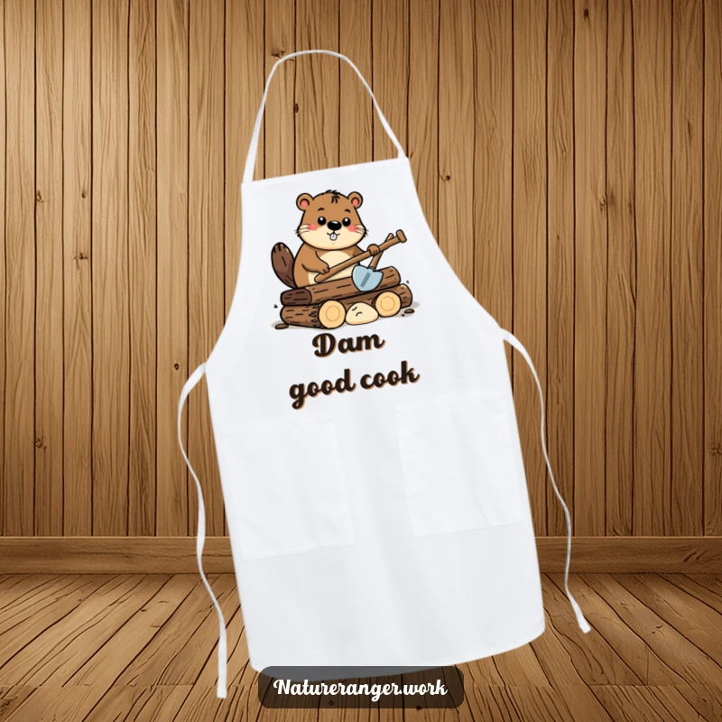 Funny beaver apron featuring a curious cartoon beaver with a small shovel, working diligently on a pile of logs.