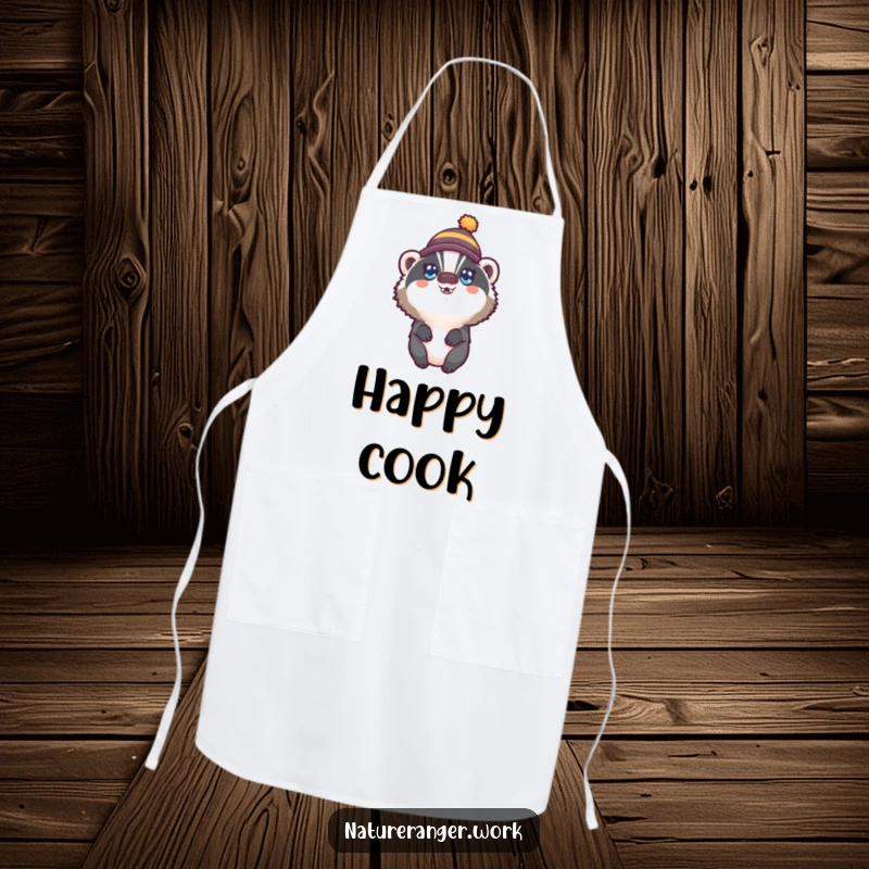 Funny apron depicting a small, round badger wearing a tiny hat and wide, happy eyes, ready for kitchen fun.