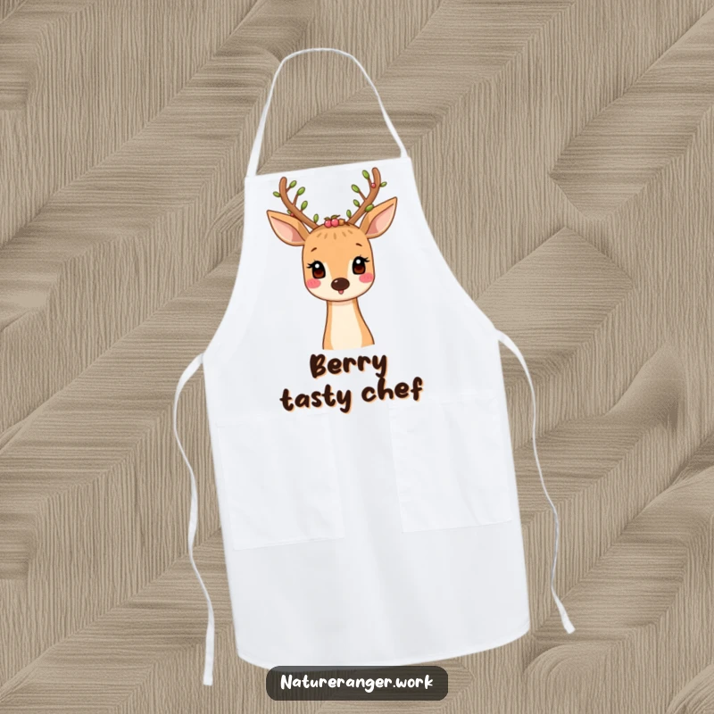 Funny apron featuring a smiling cartoon deer with leaf and berry-adorned antlers, perfect for nature-inspired cooking.