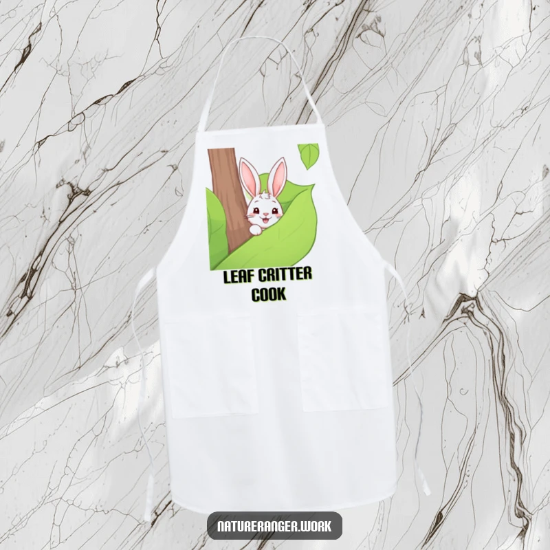 Funny apron featuring a playful cartoon rabbit peeking out from behind a large forest leaf, perfect for garden parties.