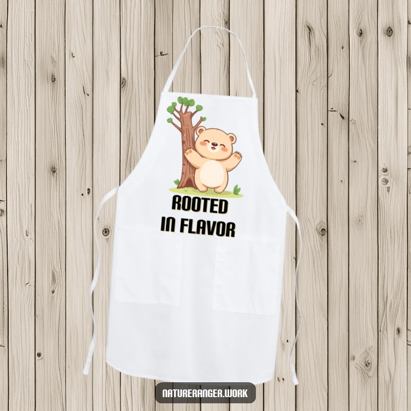 Funny bear cub apron showing a giggling, blobby creature pretending to be a tall tree with paws outstretched.