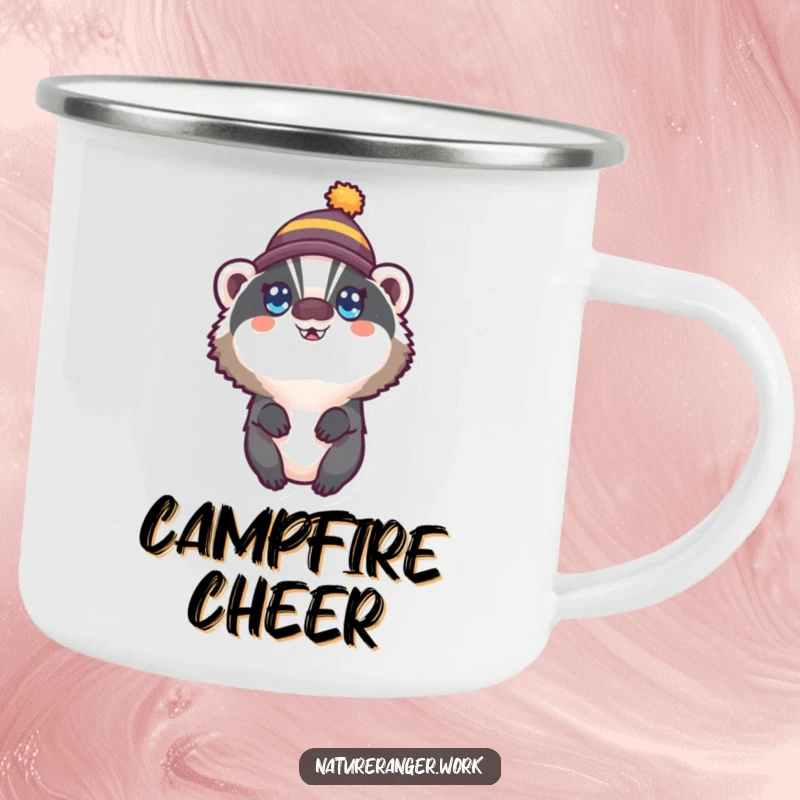 Funny camping mug showing a round badger wearing a tiny hat, looking up with wide, happy eyes, perfect for joyful outdoor moments.