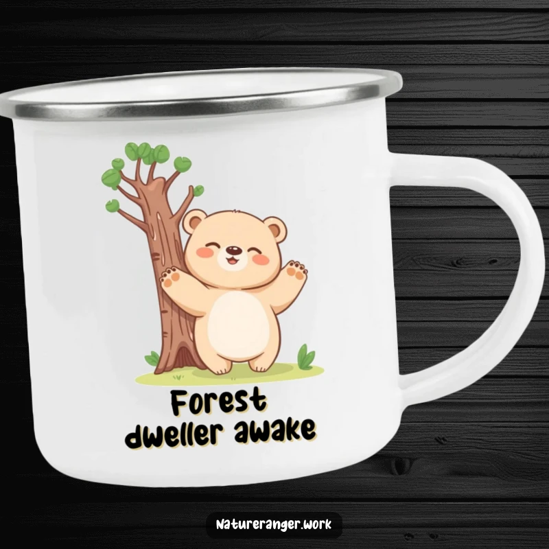 Funny bear cub camping mug of a giggling, blobby creature stretching paws like a tree, ready for the outdoors.
