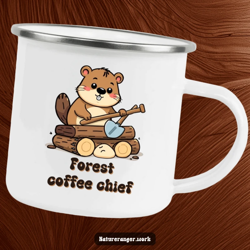 Funny beaver camping mug featuring a curious cartoon beaver with a shovel, digging at stylized logs in an outdoor setting.