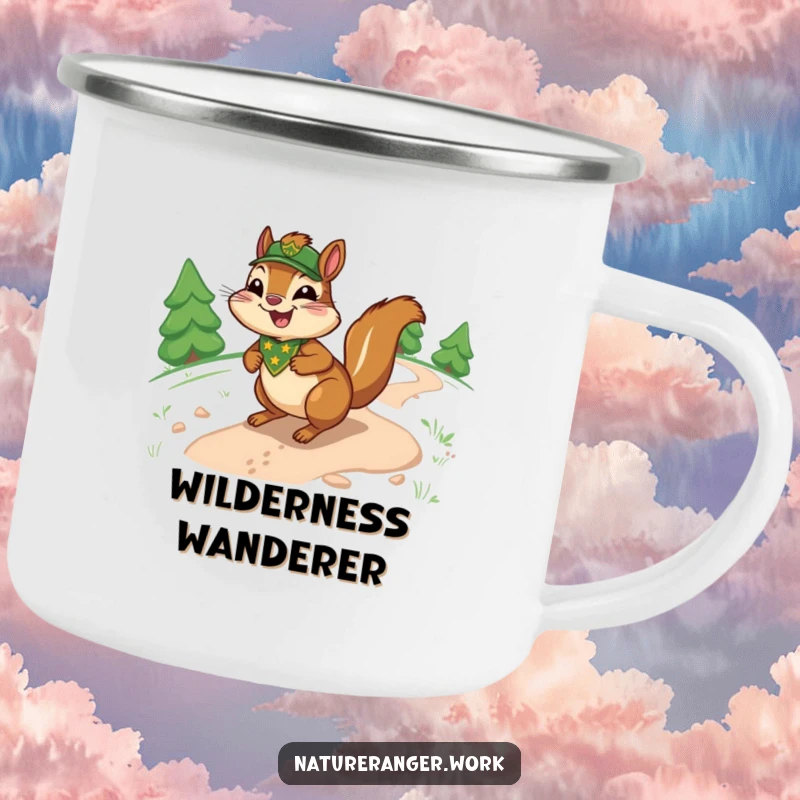 Funny chipmunk camping mug featuring a joyful cartoon ranger chipmunk with a ranger badge, sliding down a sinuous trail.