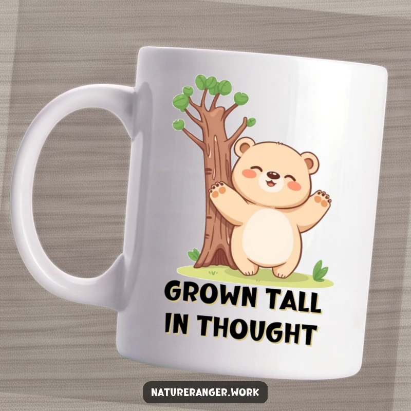 Funny bear cub mug of a giggling, blobby creature stretching paws like a tall tree, full of playful imagination.