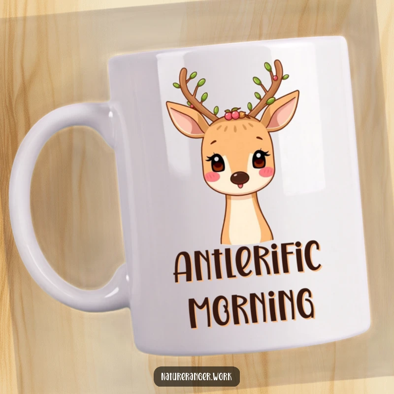 Funny mug featuring a smiling cartoon deer with antlers decorated with tiny leaves and berries, exuding friendly forest vibes.