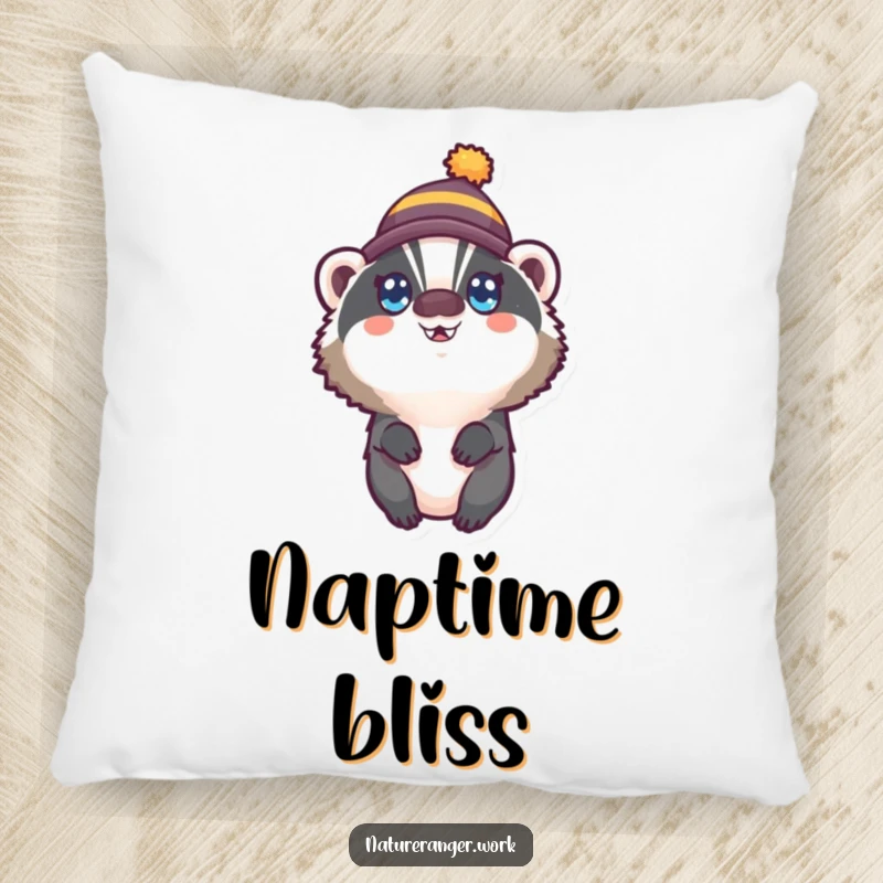 Funny pillow featuring a round badger in a tiny hat, looking up with wide, happy eyes, offering comfort and cuteness.