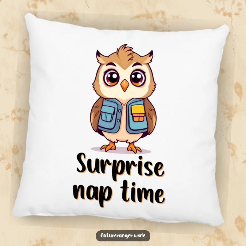 Funny owl ranger pillow featuring a stylized, bouncing owl in a mini ranger vest looking surprised.