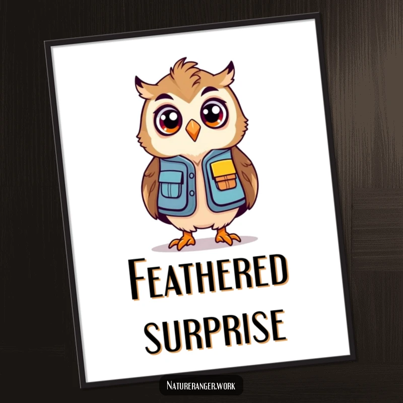 Funny owl ranger digital art print of a stylized, bouncing owl in a mini ranger vest looking surprised.