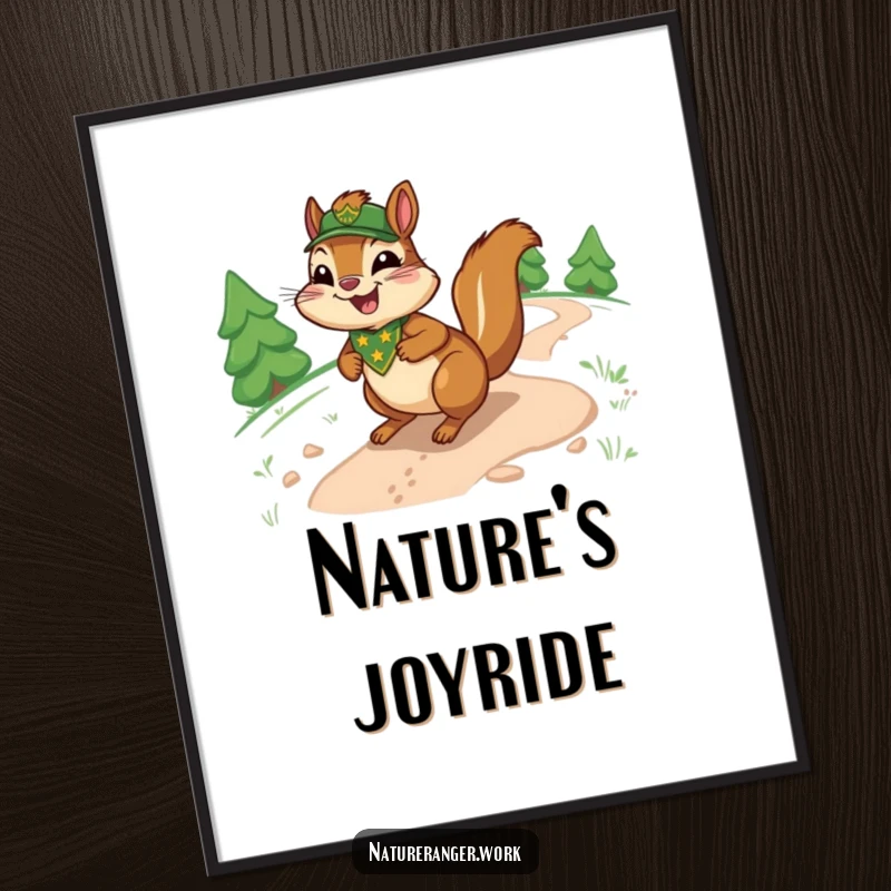 Funny chipmunk digital art print showing a joyful cartoon ranger chipmunk with a ranger badge, sliding down a sinuous trail.