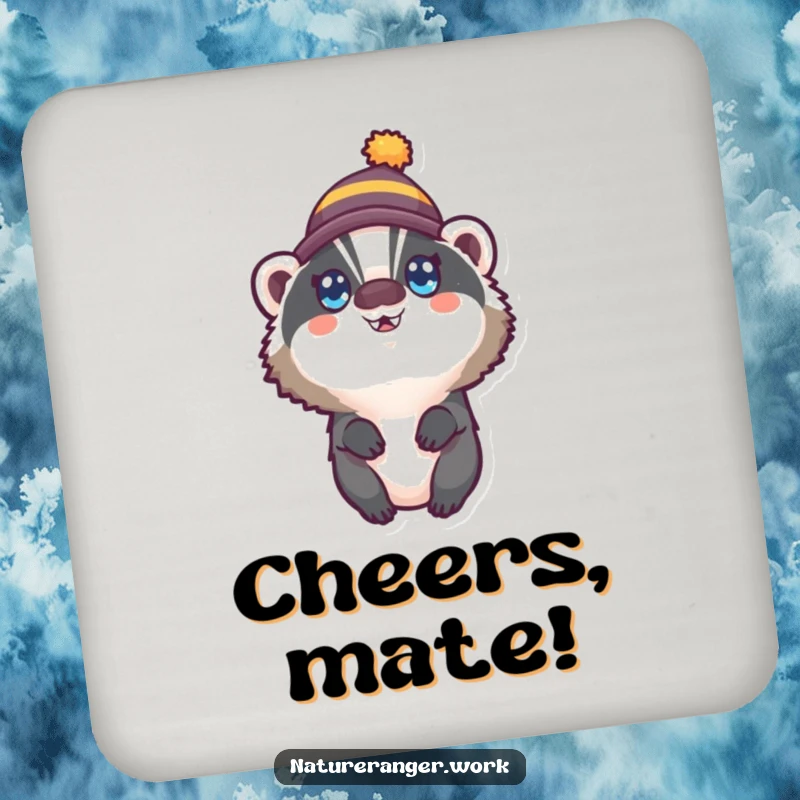 Funny drink coaster with a small, round badger wearing a tiny hat and wide, happy eyes, adding joy to surfaces.