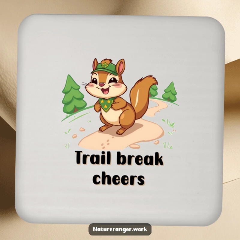 Funny chipmunk drink coaster featuring a joyful cartoon ranger chipmunk with a badge, sliding down a sinuous trail.