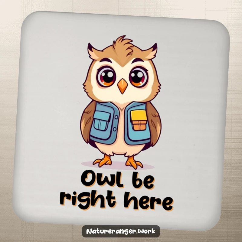 Funny owl ranger coaster with a stylized, bouncing owl in a mini ranger vest looking surprised.