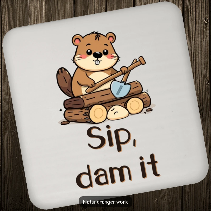 Funny beaver drink coaster featuring a curious cartoon beaver with a small shovel, working on a pile of stylized logs.