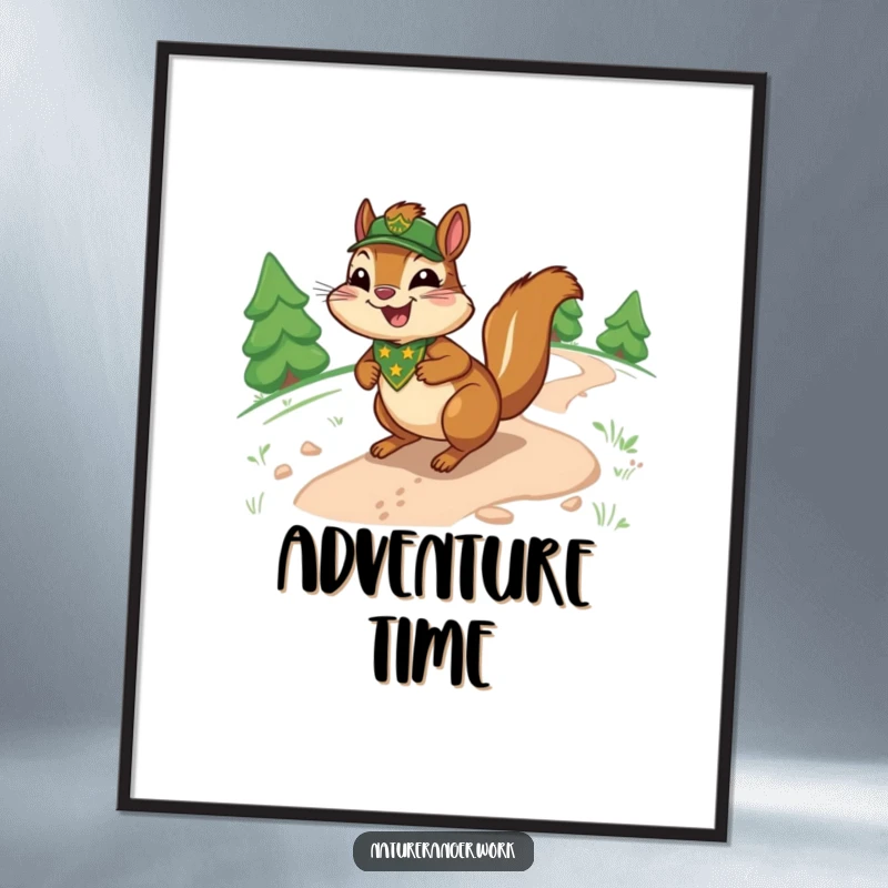 Funny chipmunk poster featuring a joyful cartoon ranger chipmunk with a ranger badge, sliding down a sinuous trail.