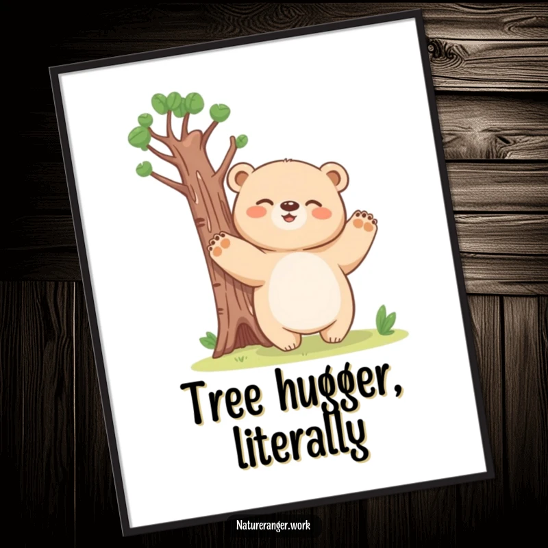 Funny bear cub poster of a giggling, blobby creature stretching its paws upward, pretending to be a tall tree.