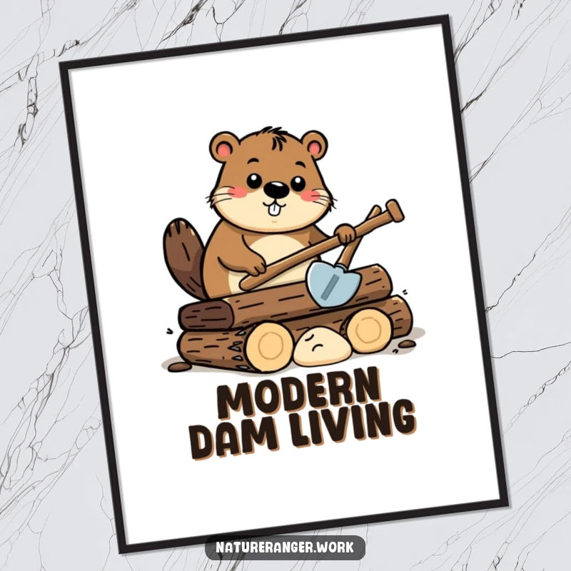 Funny beaver poster depicting a curious cartoon beaver with a shovel, actively digging into a pile of stylized logs.
