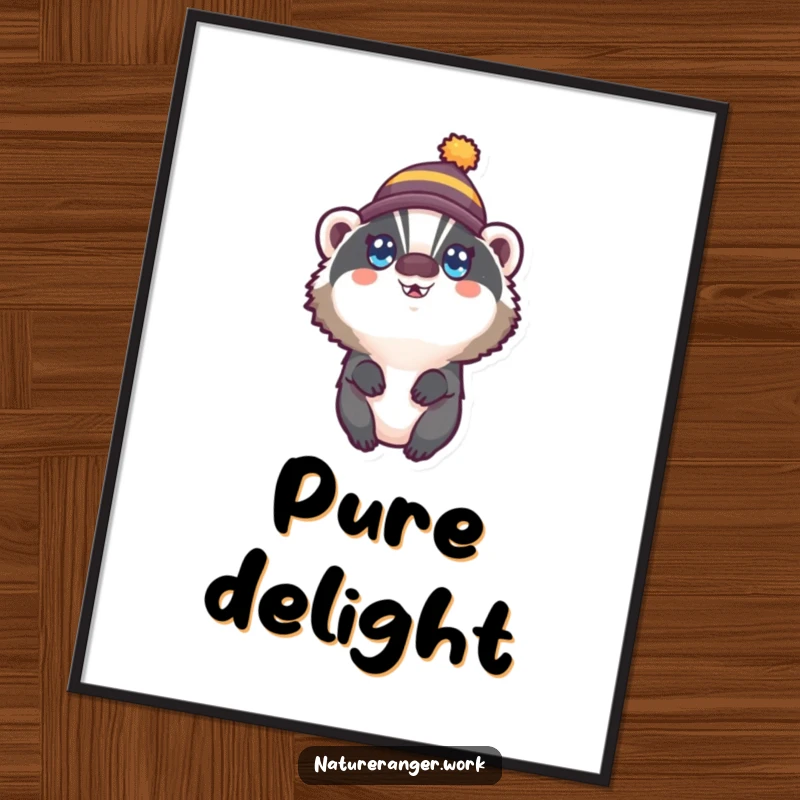 Funny poster of a small, round badger wearing a tiny hat, its wide, happy eyes looking upwards, creating a heartwarming scene.