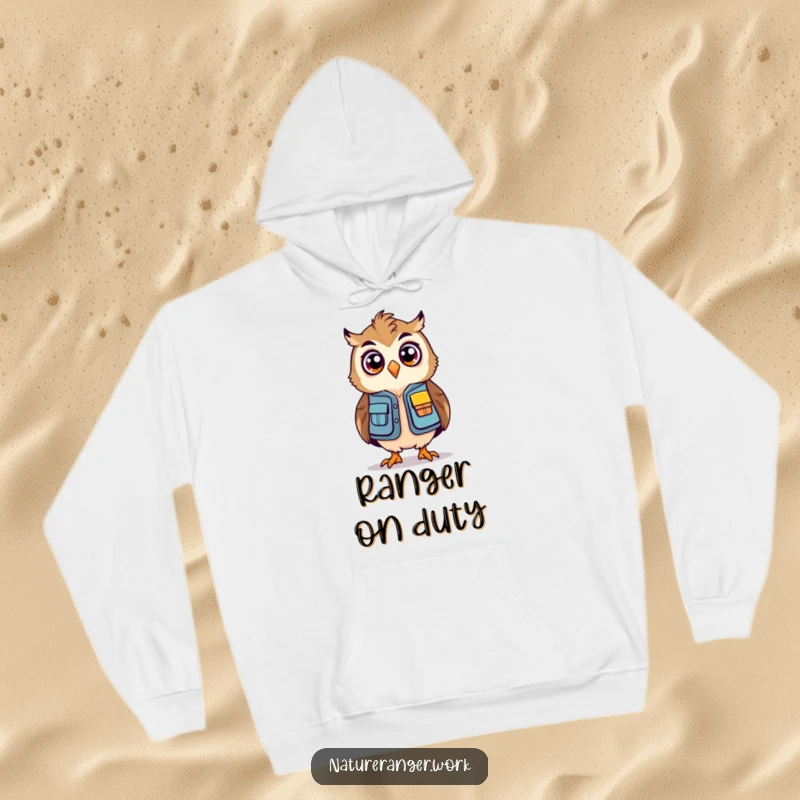 Funny owl ranger hoodie showcasing a stylized, bouncing owl in a mini ranger vest with a look of surprise.