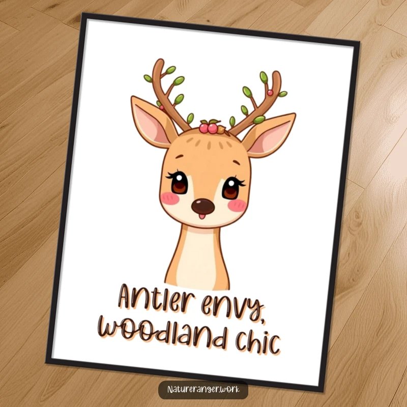 Free Printable Wall Art: Smiling cartoon deer with antlers adorned with tiny leaves and berries, rustic nature scene, downloadable.