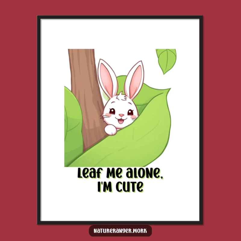 Funny Free Printable Wall Art: Shy Rabbit Behind Leaf, Whimsical Nature Scene Downloadable Decor!