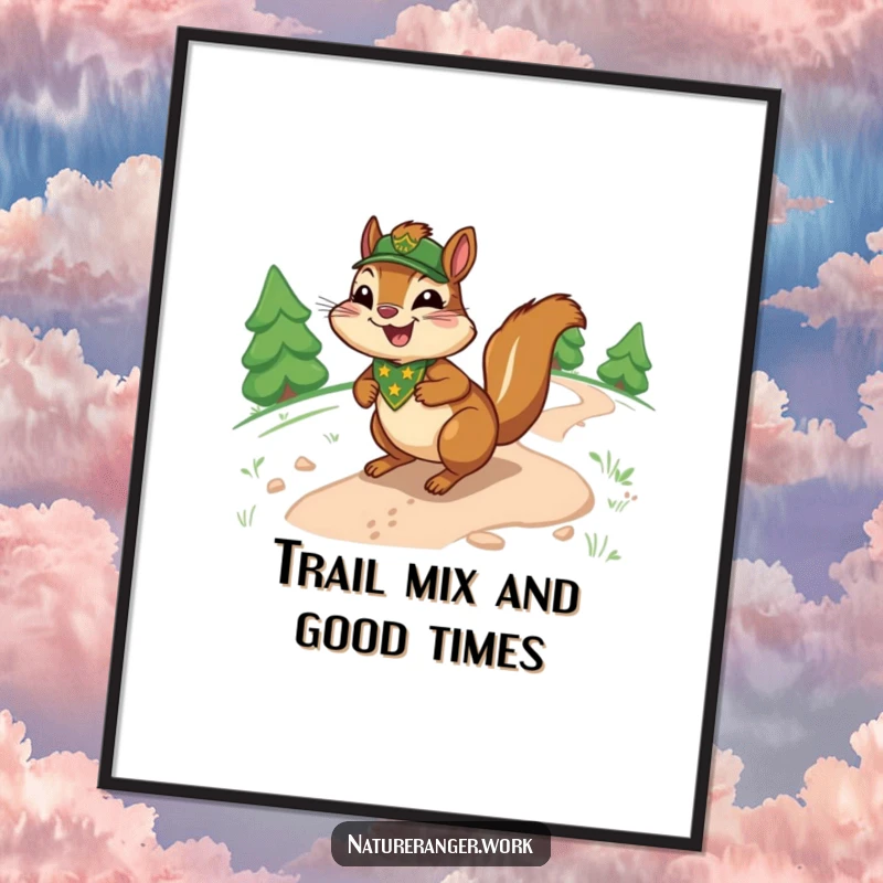 Funny Free Printable wall art: Joyful cartoon chipmunk with a ranger badge, gleefully sliding down a sinuous trail.