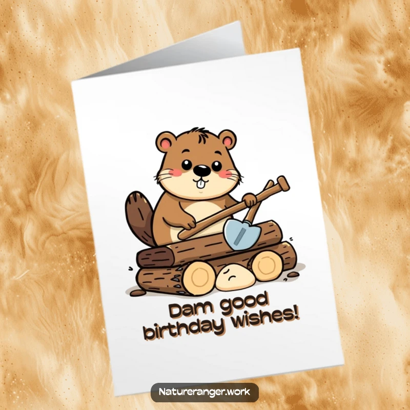 Funny Free Printable birthday card: Curious cartoon beaver with shovel piling logs, ready for a birthday celebration.