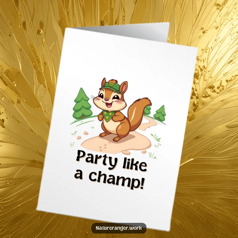 Funny Free Printable birthday card: Joyful cartoon chipmunk with ranger badge sliding down a trail with enthusiasm.