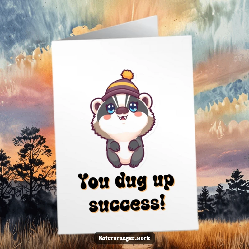 Funny Free Printable Congratulations Card: Round badger in a small hat gazes upwards with immense happiness and excitement.