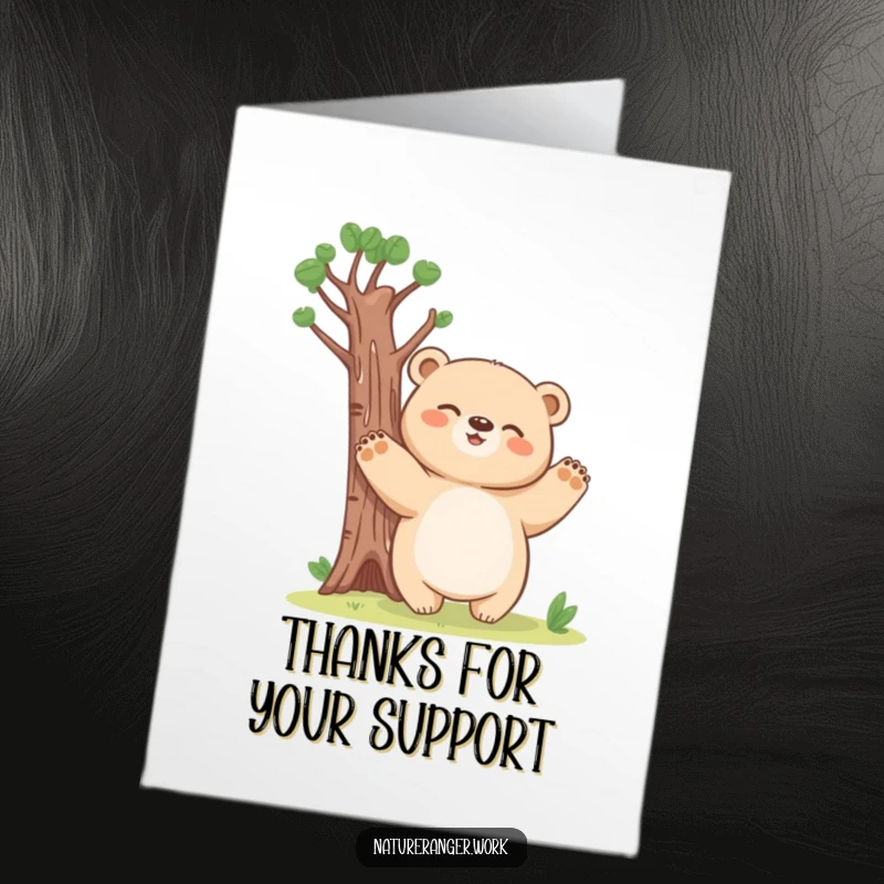 Funny Free Printable Thank You Card: Giggling bear cub acting like a tree, conveying thanks in a uniquely funny and adorable way.