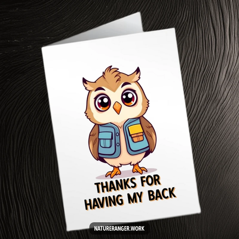 Funny Free Printable Thank You Card: A stylized owl in a ranger vest, looking surprised, expressing thanks with a unique visual gag.