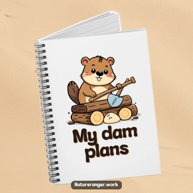 Funny beaver notebook with a curious cartoon beaver using a small shovel on a pile of stylized logs.