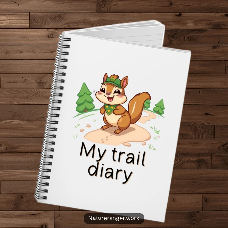 Funny chipmunk ranger notebook with a joyful cartoon chipmunk with a ranger badge, sliding down a sinuous trail.