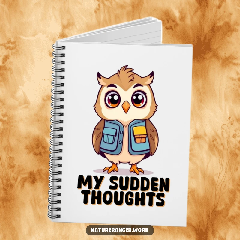 Funny owl ranger notebook with a stylized, bouncing owl in a mini ranger vest looking surprised.