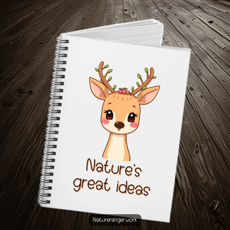 Funny notebook featuring a smiling cartoon deer with leaf and berry-adorned antlers, ideal for nature journaling.