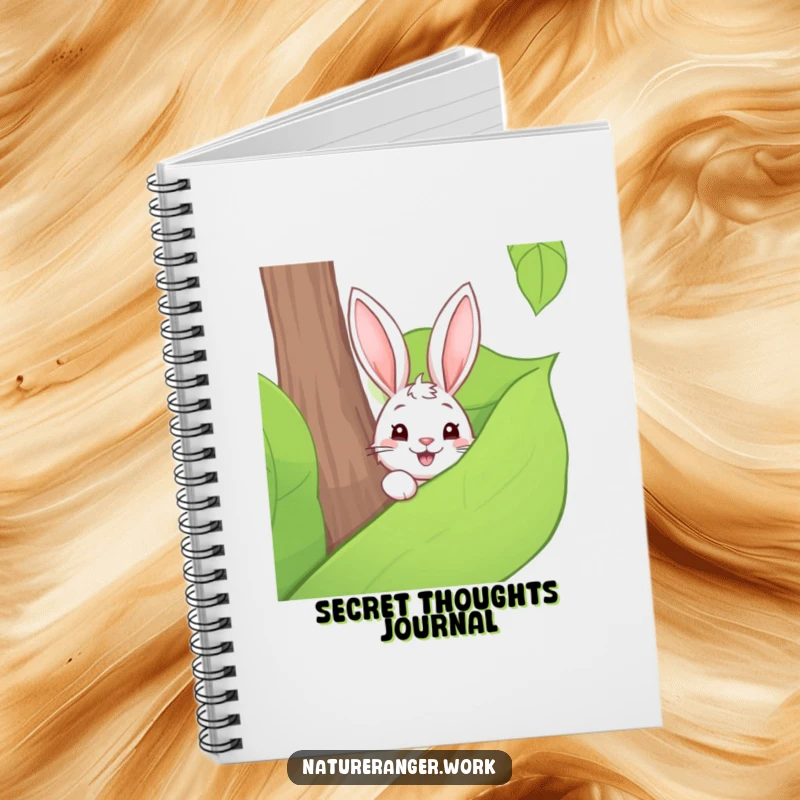 Funny notebook featuring a playful cartoon rabbit peeking from behind a large forest leaf, ideal for nature notes.