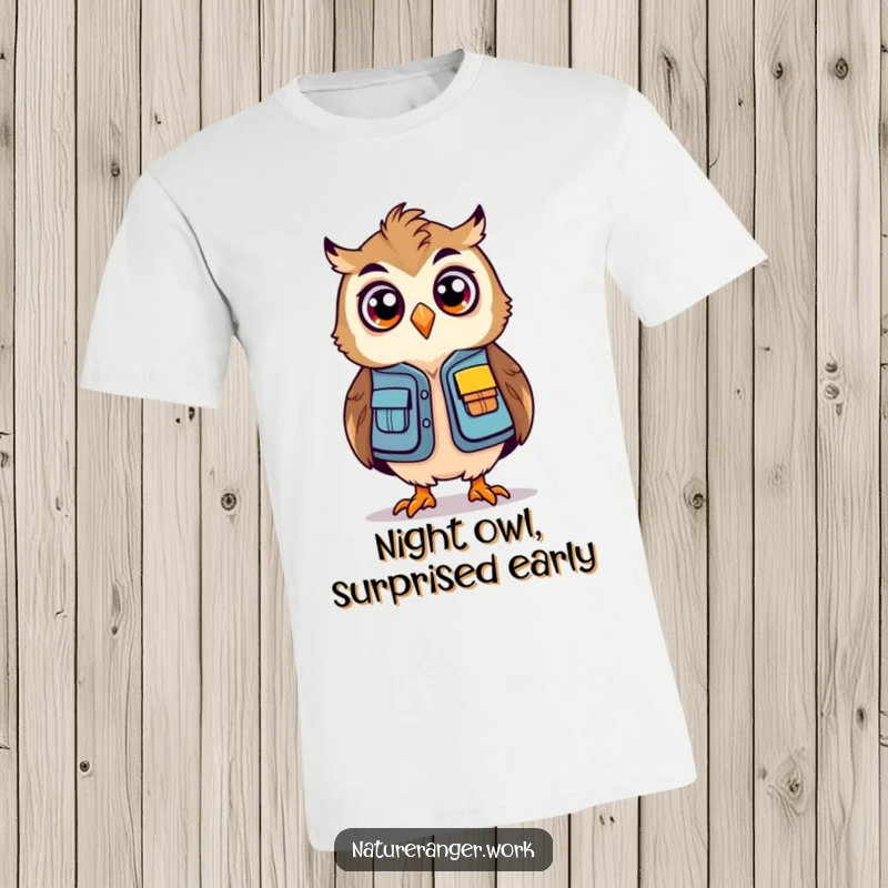 Funny owl ranger t-shirt depicting a bouncing, stylized owl wearing a mini ranger vest and looking surprised.