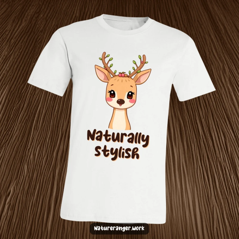 Funny t-shirt design of a smiling cartoon deer with antlers beautifully decorated with small leaves and berries.