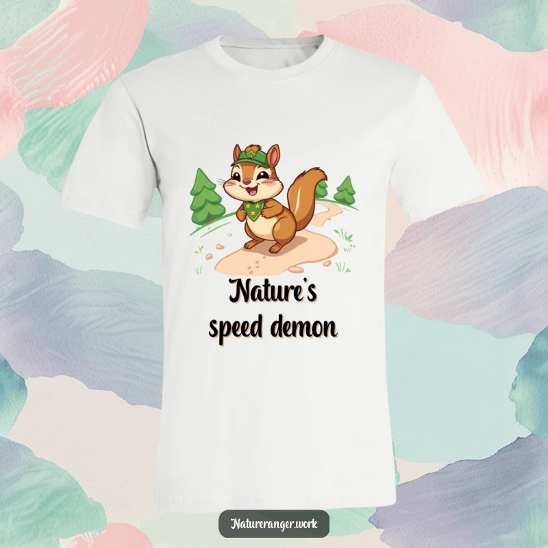 Funny chipmunk t-shirt showing a joyful cartoon ranger chipmunk with a badge, sliding energetically down a winding trail.