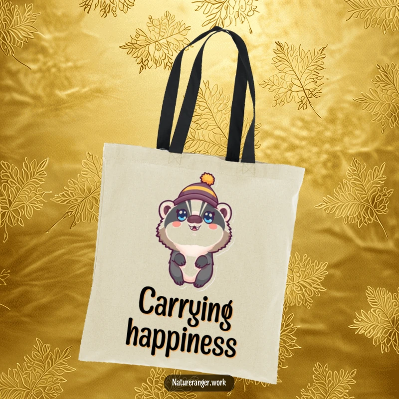 Funny tote bag with a small, round badger wearing a tiny hat and wide, happy eyes looking up, a symbol of pure joy.
