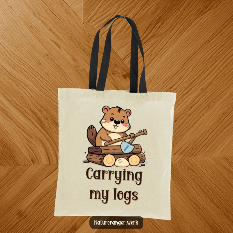 Funny beaver tote bag featuring a curious cartoon beaver with a shovel, diligently working on a pile of stylized logs.