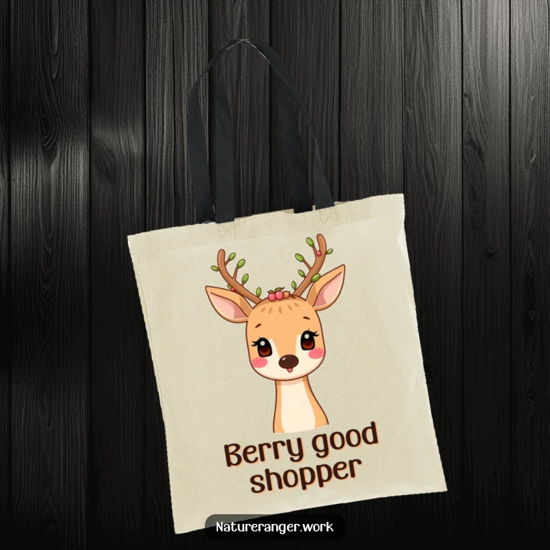 Funny tote bag featuring a smiling cartoon deer with antlers adorned with tiny leaves and berries, perfect for nature's bounty.