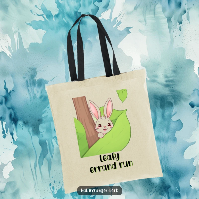 Funny tote bag featuring a playful cartoon rabbit peeking out from behind a large forest leaf, perfect for hidden treasures.