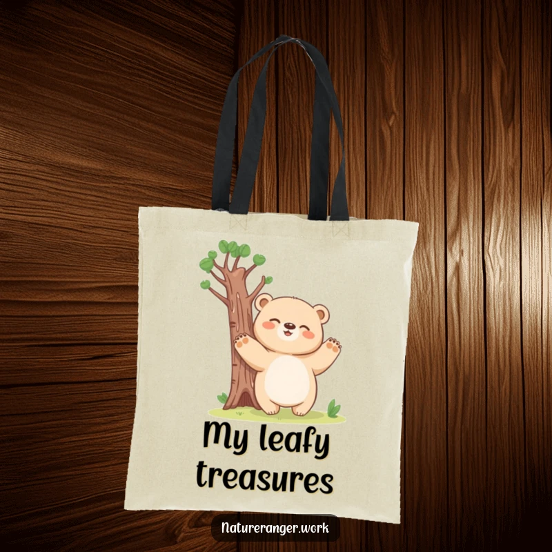 Funny bear cub tote bag with a giggling, blobby creature pretending to be a tall tree with paws outstretched.